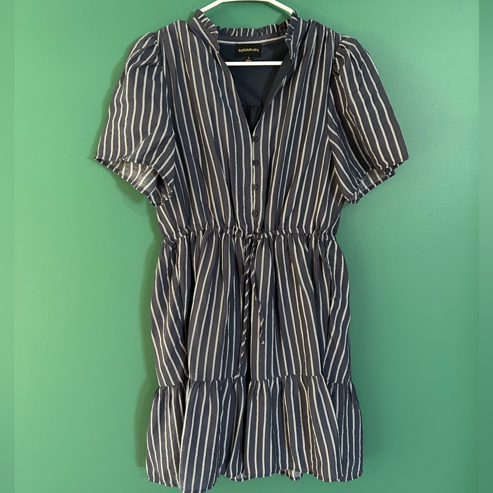 Sugarlips Striped Navy and White Mini Dress Short Sleeve Nautical
